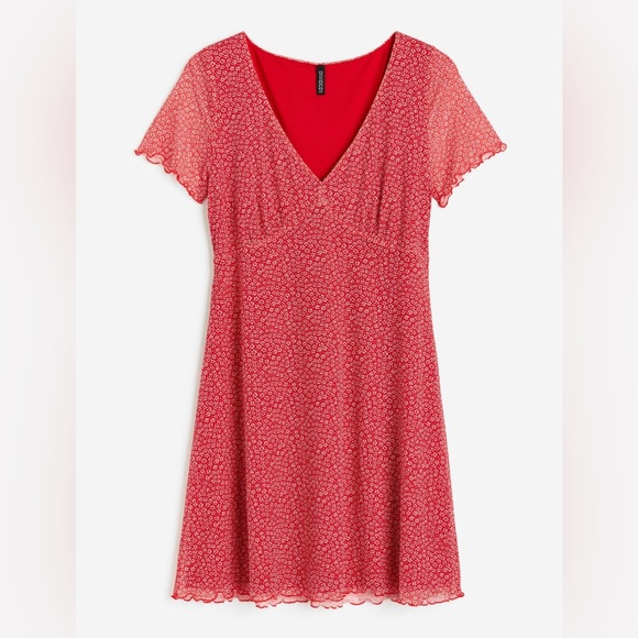H&M Red Floral V-neck Mini Dress Medium - Picture 2 of 6